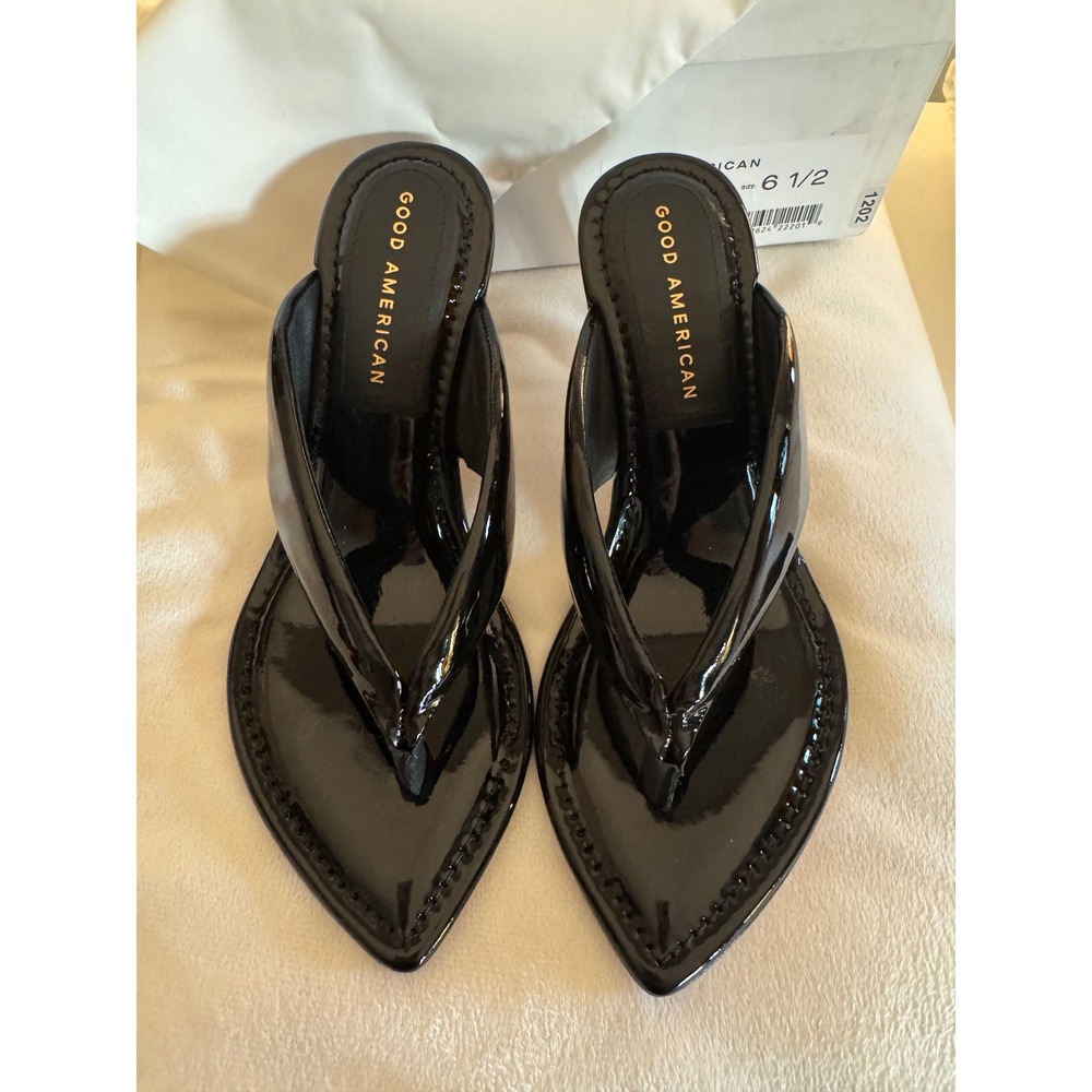 Good American GA077P-X Black Patent Leather Pointed Toe Wedge Sandals 6.5 Spain